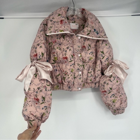 Selkie The Marshmellow Puffer Pink Floral Cropped Coquette Puff Sleeve Coat XS - Picture 5 of 11